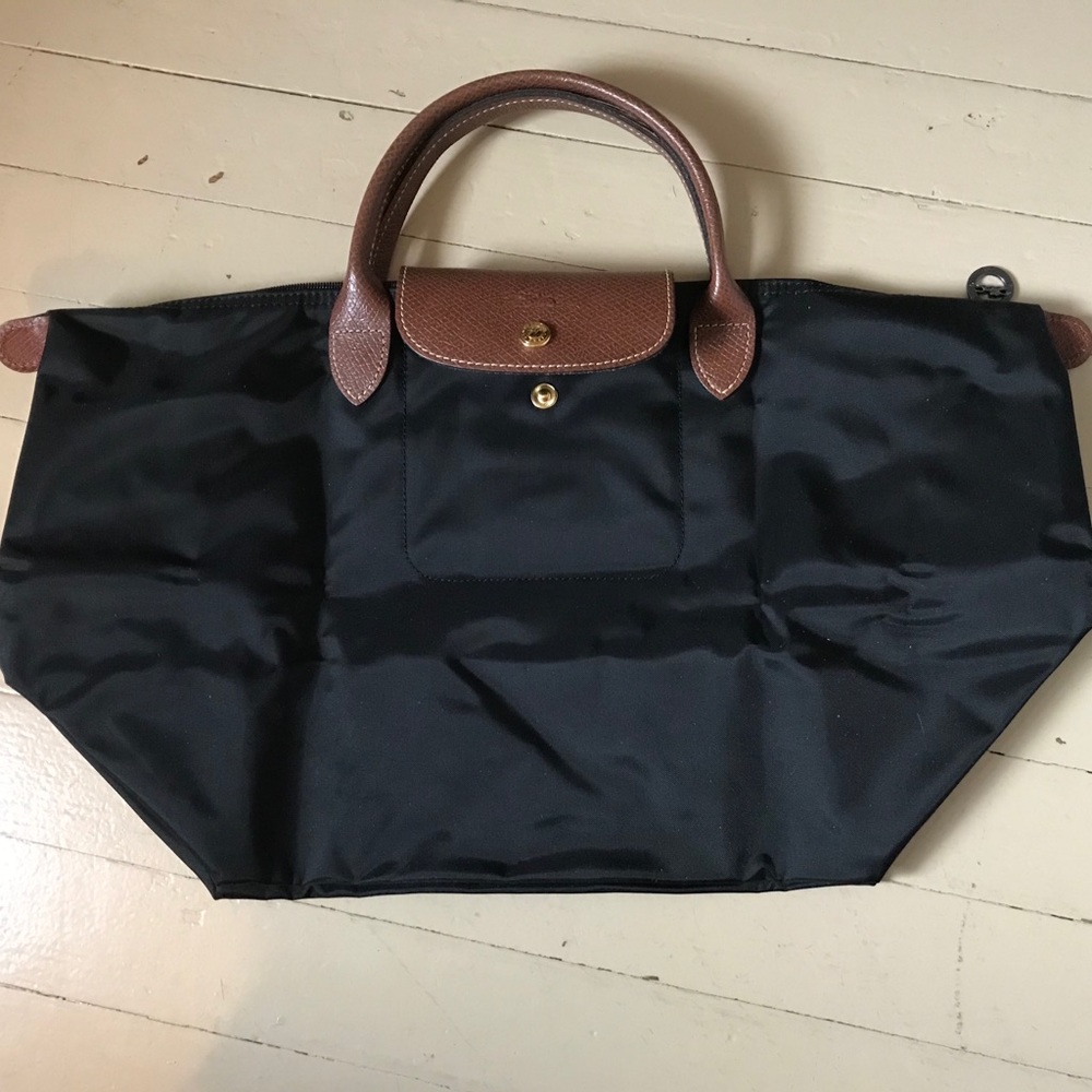 Large Nylon Black Longchamp Le Pliage Bag, Short H